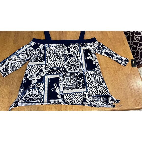 JM Collection Womens Printed Cold Shoulder Top Intrepid Blue Size 2XL NWT P1-231 - Picture 7 of 9